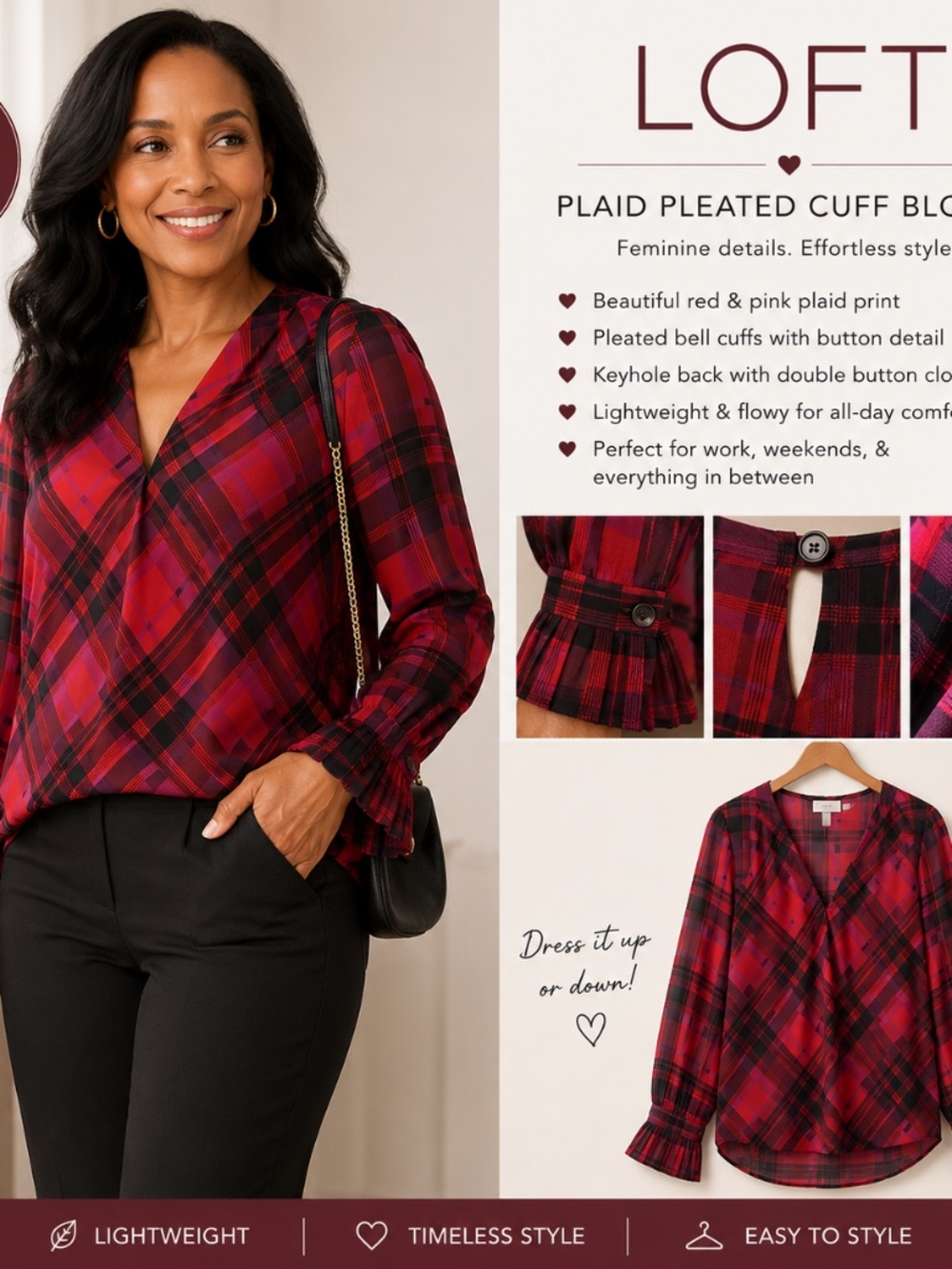LOFT Red Plaid Faux Wrap Blouse Size Small Sheer Long Sleeve Career Chic
